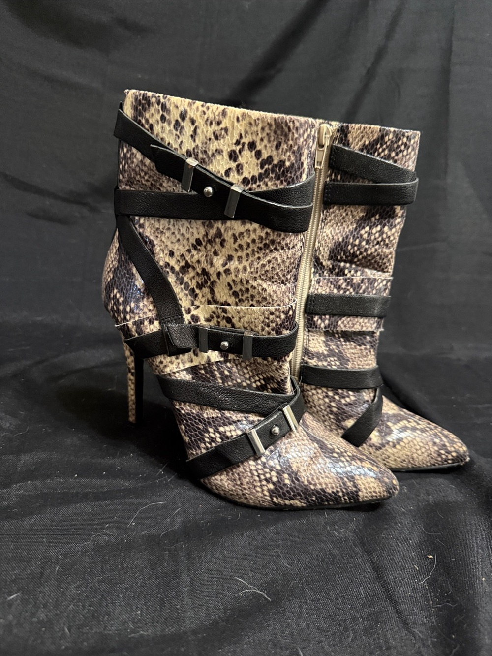 Guess Snake-Print Pointed Toe Ankle Boots with Black Straps